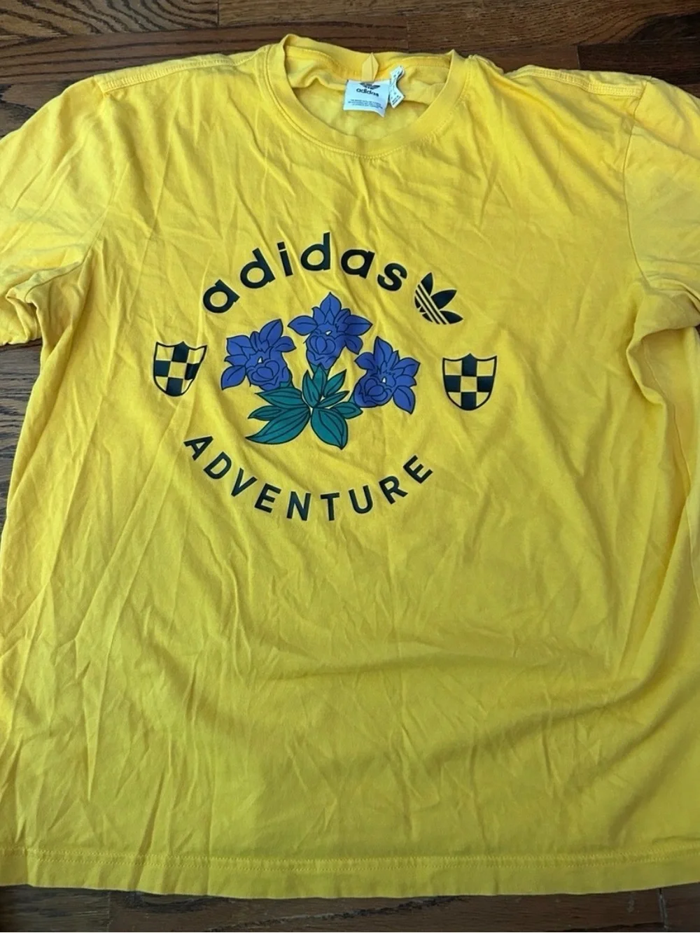 adidas Yellow Tee with Blue Floral Adventure Graphic